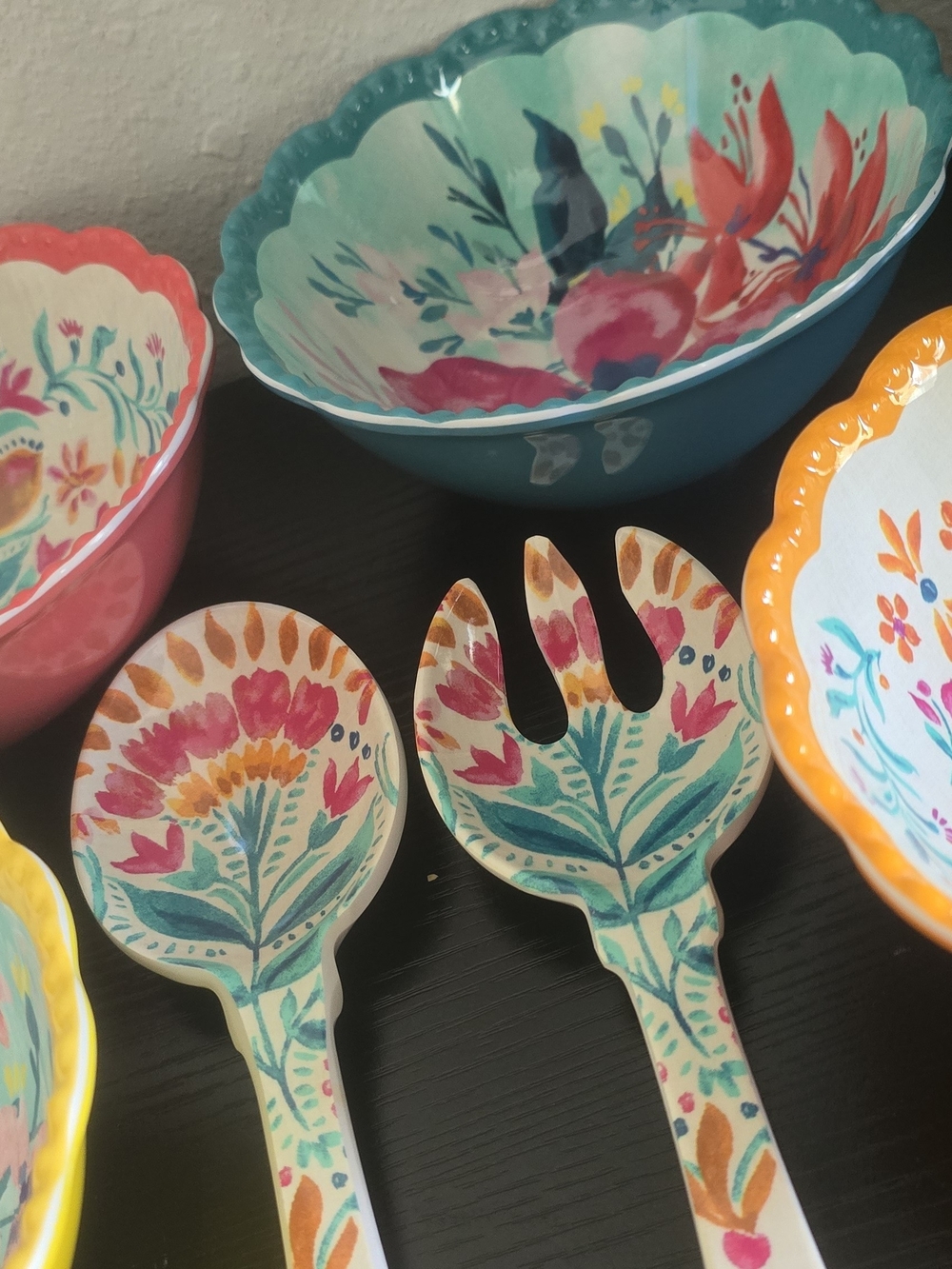 Hand-Painted Floral Salad Serving Set - Teal & Pink